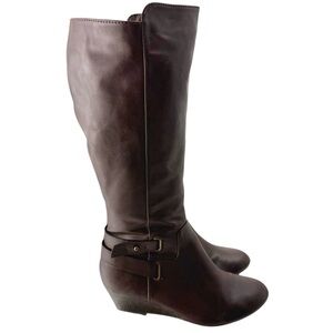ALDO Brown Knee-High Wedge Boots Side Zip Riding-Style Leather Look